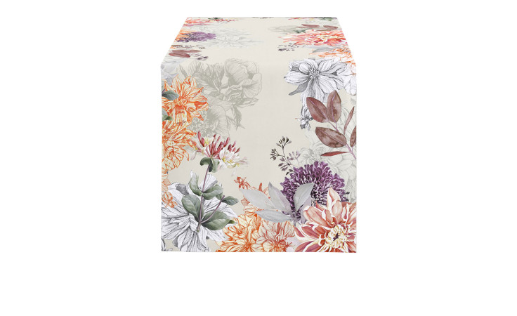 Tischläufer 48 x 140 cm in grau mit buntem floralem Design.