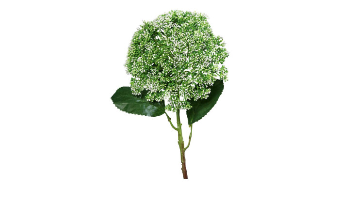 Hortensie 54 cm aus Kunststoff mit weiß / grüen Blüten und grünen Stiel und Blätter.