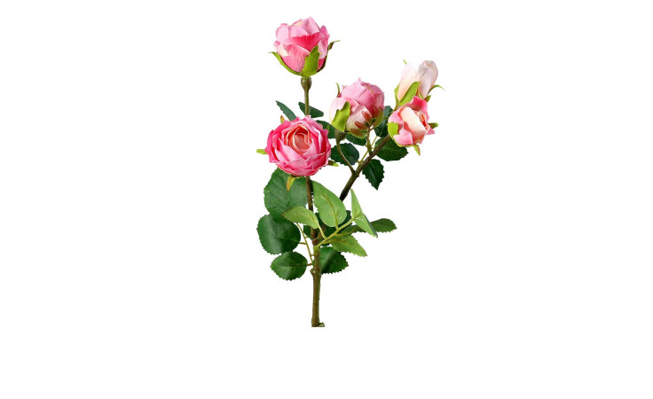 Mini-Rosenzweig 37 cm aus Kunststoff mit rosa Blüten und grünen Stiel und Blätter.