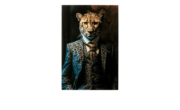 Glasbild Misteranimal 100 x 150 cm Leopard in einem Anzug