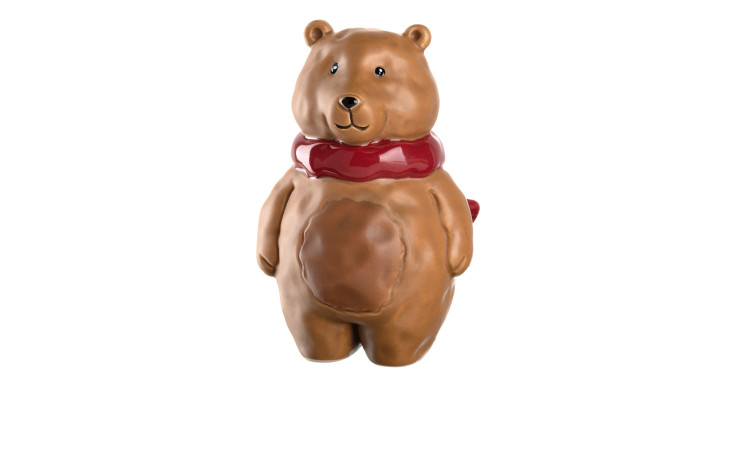 Bär Autentico 12 cm aus braunem Keramik mit einem absetzenden Schal in rot.
