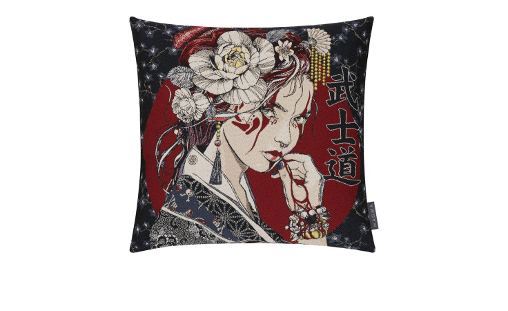 Kissenhülle Geisha 45 x 45 cm in schwarz und rot.