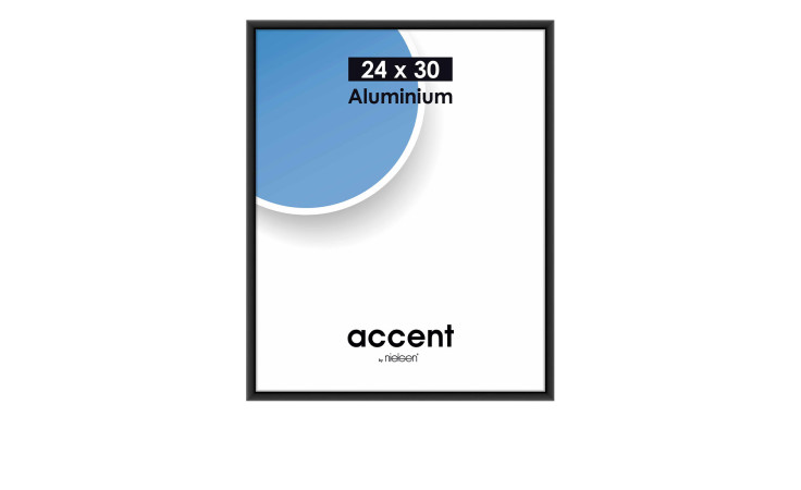 Bilderrahmen Accent 24 x 30 cm mit einem schwarzen Aluminiumrahmen und transparentem Glas.