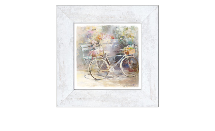 Rahmenbild A short Visit 44 x 44 cm. Rahmenbild mit dem Thema - Blumenfahrrad.