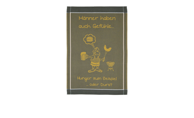 Geschirrtuch 50 x 70 cm in anthrazit mit senffarbener Schrift.