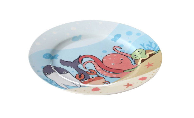 Dessertteller Unterwasserwelt, das Motiv beinhaltet eine Meereschildkröte, einen Oktupuss, einen Krebs und einen Wal. 