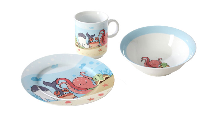 Geschirrset der Reihe Unterwasserwelt mit drei Teilen. Ein Teller, eine Tasse und eine Schale.