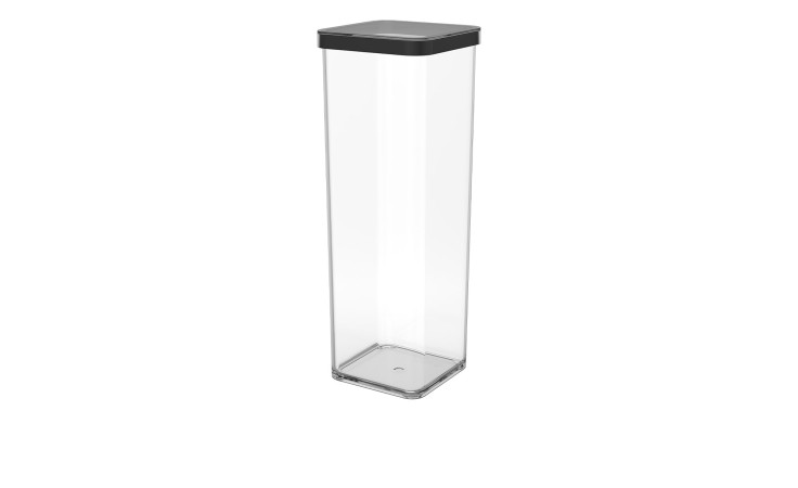Premium Dose Loft 2 l aus transparentem Kunststoff mit schwarzen Absetzungen.