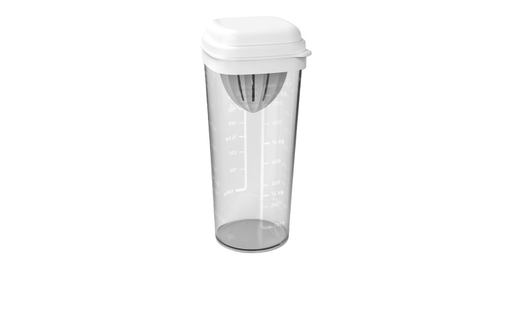 Shaker Loft 1 l aus transparentem Kunststoff und weißem Deckel.