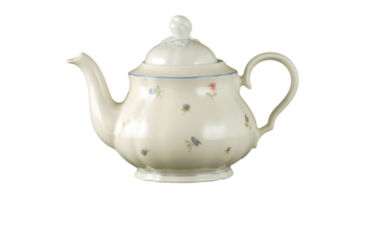 Teekanne Marieluise 1,1 l aus Porzellan in beige mit floralem Motiv.