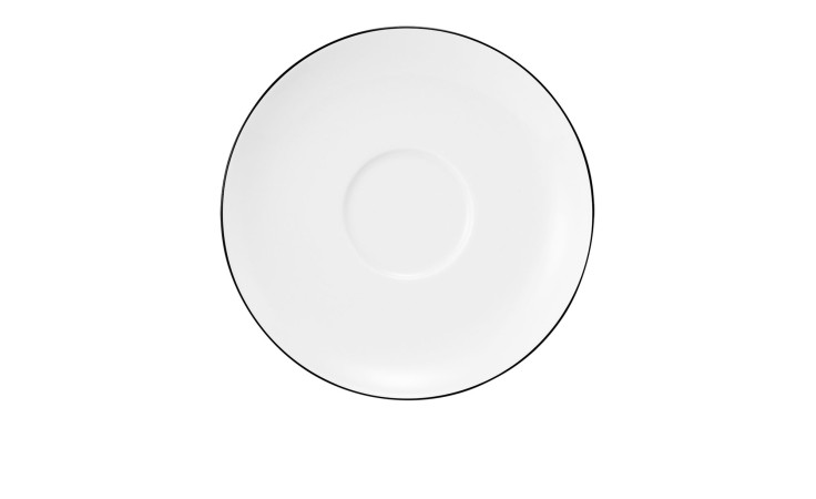Untertasse Lido 16 cm aus weißem Porzellan mit schwarzem Rand.