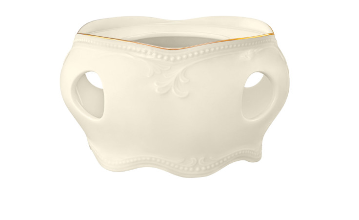 Stövchen Rubin 14 cm aus Porzellan in beige mit goldenem Rand.