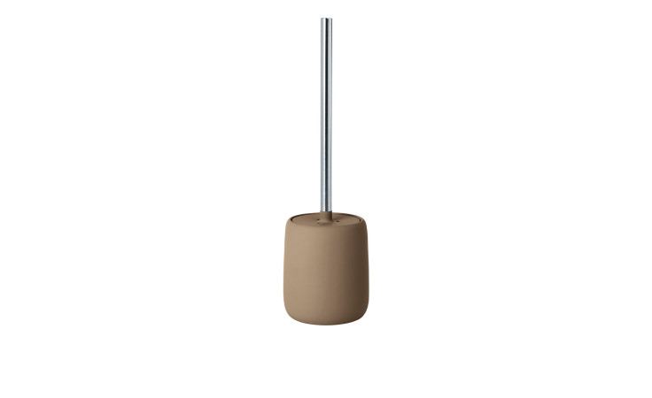 WC-Bürste Sono 39 cm aus Silikon und Keramik in taupe und einem silbernen Stiel aus Edelstahl.