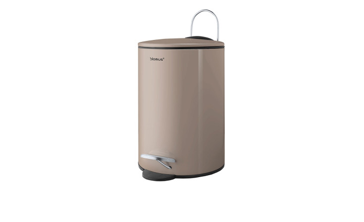 Treteimer Tubo 3 l aus Stahl und Kunststoff in taupe mit schwarzen Akzenten und einem Tritt und Henkel in silber.