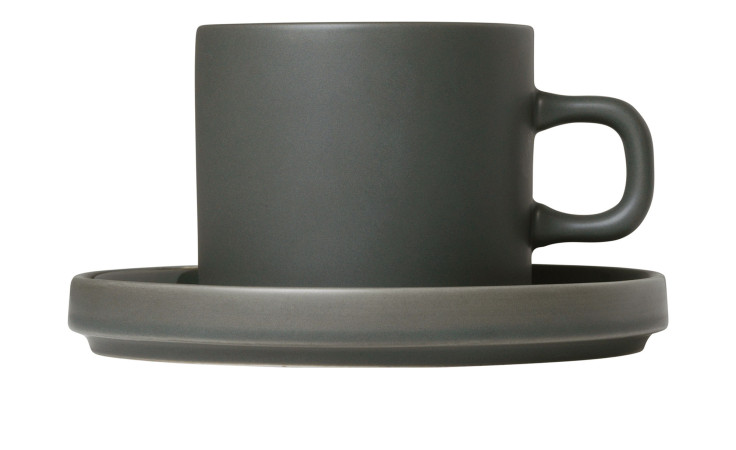 Kaffeetasse Pilar 200 ml und Untertasse aus Keramik in grün / grau.