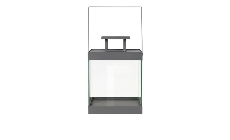 Laterne Finca 41,5 cm aus transparenten Glas und einem Unter- und Oberteil aus Stahl in grau.