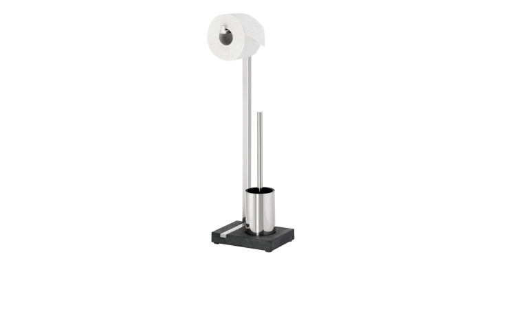 Toilettengarnitur Menoto 62 cm aus Edelstahlt mit Tolilettenpapierhalter, WC-Bürste, WC-Garnitur in silber und einer Bodenplatte in anthrazit.