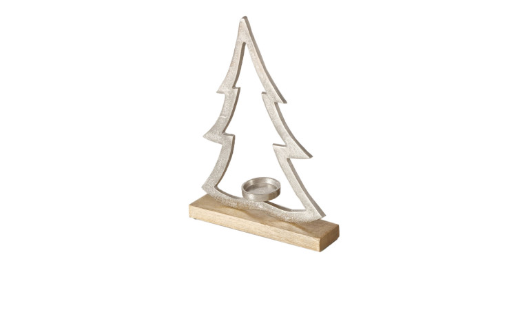 Teelichthalter 37 cm aus einer silbernen Aluminium Tannbaumform mit einem Unterboden aus Holz.
