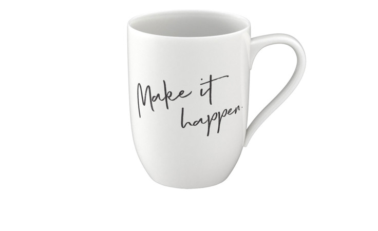 Becher mit Statement "Make it happen" 340 ml in weiß mit schwarzer Schrift 