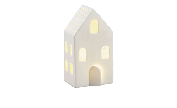 LED-Haus 18 cm aus Keramik und Porzellan in weiß mit Beleuchtung.