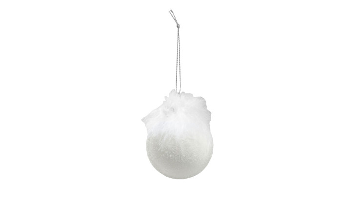 Christbaumkugel 6 cm in weiß glänzend mit weißen Federn oben.