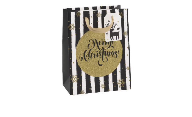 Geschenktüte 23 cm aus Papier mit weiß / schwarzen Streifen und goldenen Applikationen.