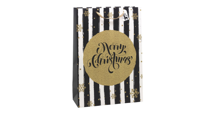 Geschenktüte 70 cm aus Papier mit schwarz / weißen Streifen und goldenen Applikationen.