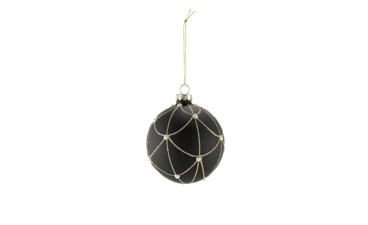 Christbaumkugel 8 cm in schwarz mit einer goldenen Absetzung mit Glitzer und Perlen.