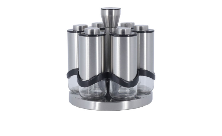 Gewürzkarusell 7tlg. in silber und transparent aus Edelstahl, Kunststoff und Glas.