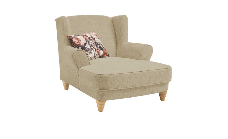 Loveseat in Sand inklusive Zierkissen mit floralem Muster, seitliche Ansicht