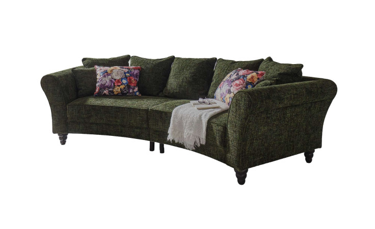 Big Sofa in Winter Moos mit Kissen in Bezugsfarbe sowie floralem Muster