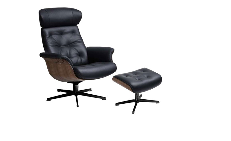 Relaxsessel Timeout in schwarz, Schale in Nussbaum, drehbarer X-Fuß und Hocker