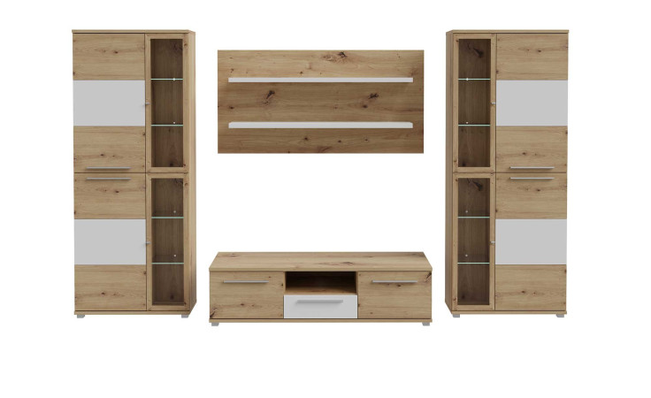 Wohnwand Amsterdam in der Farbkombi. Artisan oak und weiß, Frontansicht