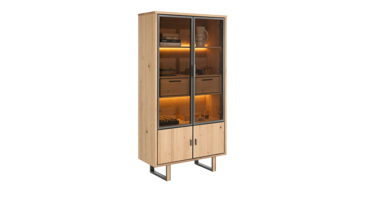 Vitrine Shimanto mit 2 Glastüren, sowie Fronten und Korpus in Echtholzfurnier Eiche natur und Gestell aus Metall in Graphit