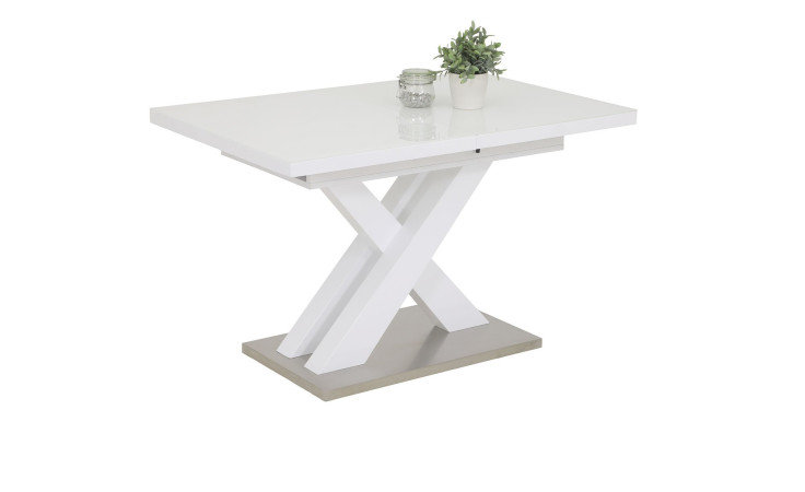 Esstisch Elvis im Dekor Weiß-Hochglanz und Tischplatte mit Glasauflage in New White, modernes Säulen-X-Gestell