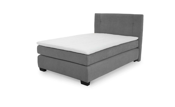 Boxspringbett Felina mit einem Bezug in der Farbe Dunkelgrau und einem weißen Topper
