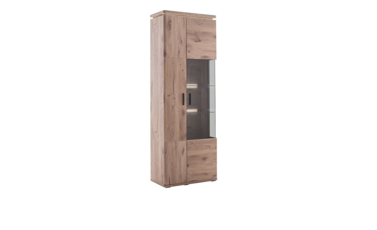 Komfort-Kombivitrine Modesto aus Holzwerkstoff in Viking Oak und einem Glasausschnitt.