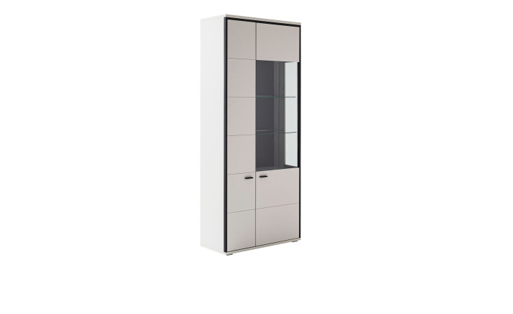 Basis-Kombivitrine aus Holzwerkstoff in Modern White und einer Absetzung in schwarzgrau aus Aluminium.