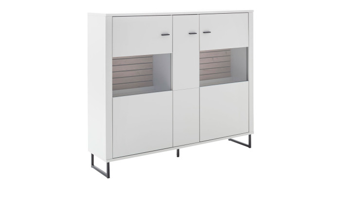 Basis-Highboard Louisa aus Holzwerkstoff in Modern White und einer Rückwand in Viking Oak leistenoptik.