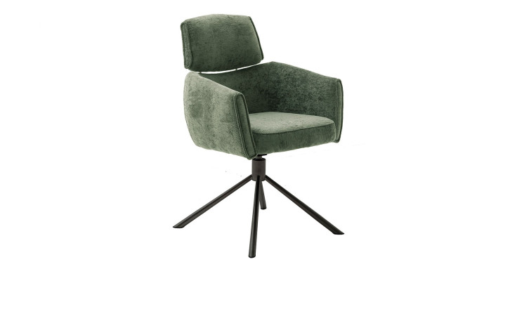 Armlehnstuhl Queensland mit Bezug in Chenille-Optik Olive und Gestell aus Metall schwarz matt