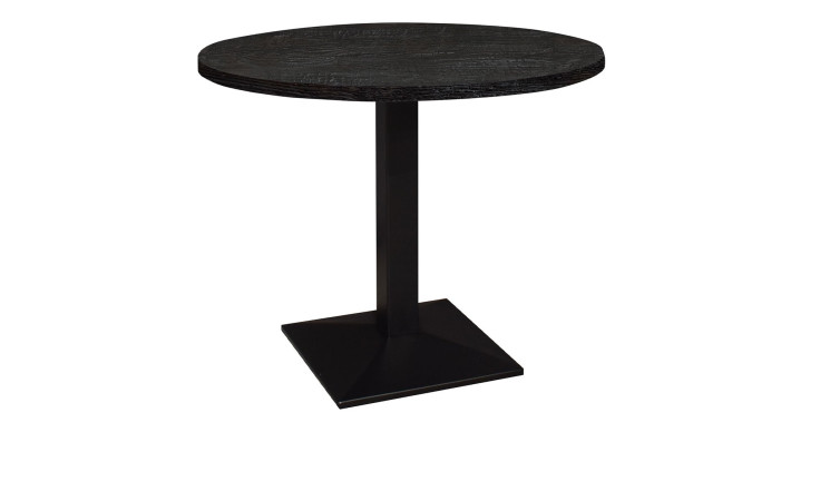 Bistrotisch Biblis-System mit einer Tischplatte in Flamed Wood Black und einem schwarzen Säulengestell.