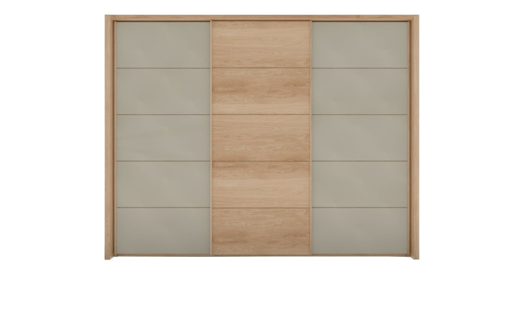 Komfort-Schwebetürenschrank Cassina in Eiche und Türen in Farbglas Champanger.