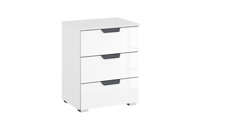 Nachttisch Antigua mit Front in Glas weiß und Korpus in weiß, mit 3 Schubkästen, Griffe grau-metallic