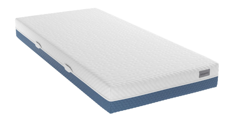 BULTEX-Matratze BULTEX Drive X9 mit Taschenfederkern in einer schrägen Seitenansicht mit dem blau, weißen Bezug zusehen.