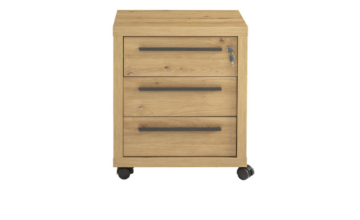 Rollcontainer Renatura aus Holzwerkstoff in Artisan Eiche mit anthraziten Griffen und vier Rollen.