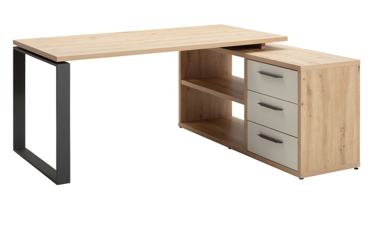 Schreibtisch-Kombination Design-Office in Artisan Eiche, mit einem anthraziten Fuß und einer Schubkastenfront Absetzung in Hochglanz Cashmerre.