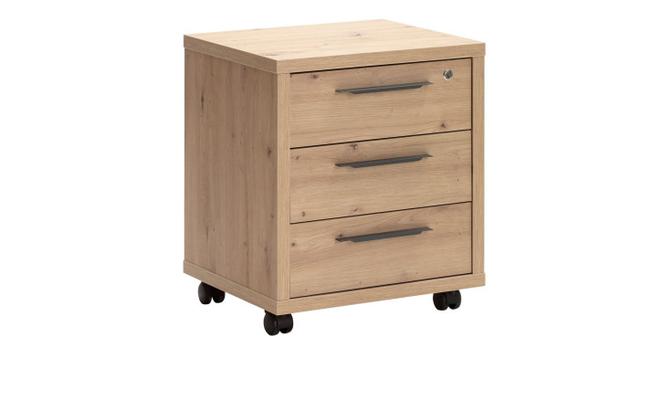 Rollcontainer Design-Office aus Holzwerkstoff in Artisan Eiche mit Griffe in anthrazit und vier Rollen.
