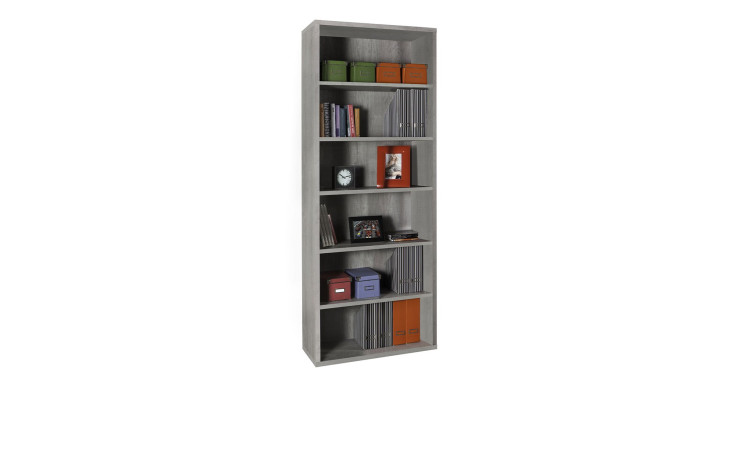 Regal Design-Office aus Holzwerkstoff in Beton mit fünf Böden.