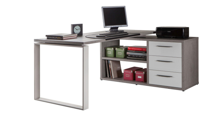 Schreibtisch-Kombination Design-Office in Beton und einer Schubkastenfront Absetzung in Hochglanz Weiß und einer silbernen Kufe.  