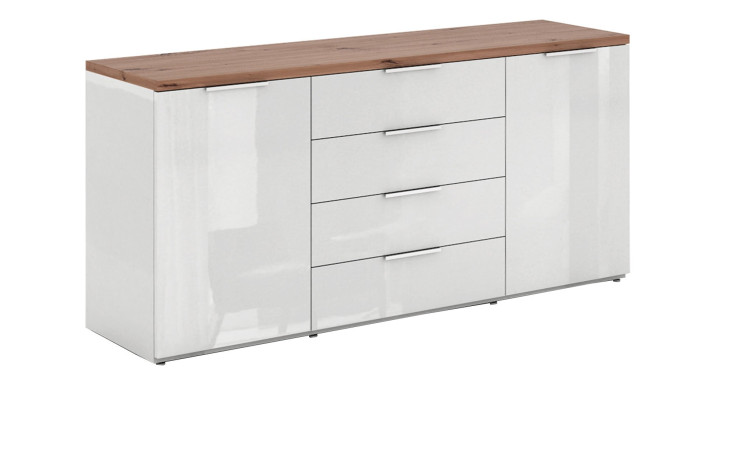 Kommode Moonlight aus Holzwerkstoff in weiß mit einer Absetzung in Artisan Eiche mit zwei Türen und vier Schubkästen.